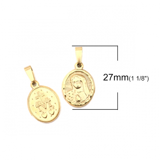 Bild von 1 Stück Edelstahl Charm-Anhänger Oval Vergoldet Heilige Maria Mutter Gottes 27mm x 14mm