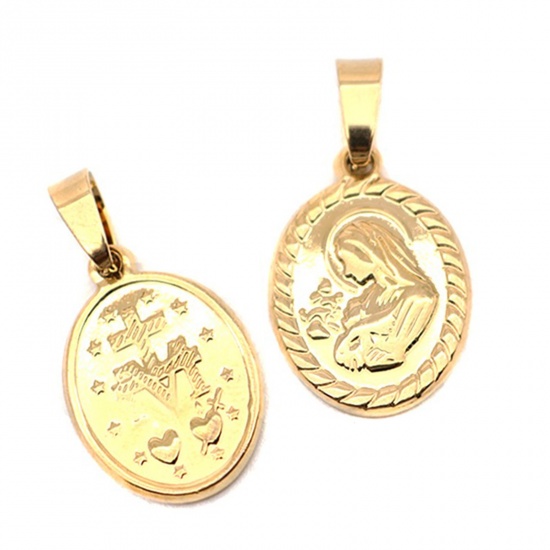 Bild von 1 Stück Edelstahl Charm-Anhänger Oval Vergoldet Heilige Maria Mutter Gottes Doppelseitig 27.5mm x 14mm
