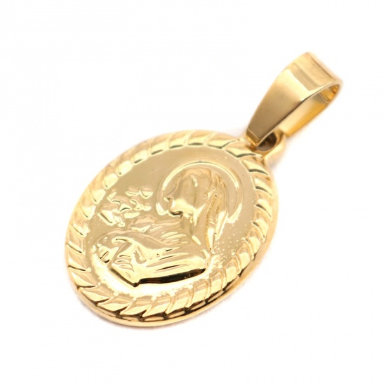 Bild von 1 Stück Edelstahl Charm-Anhänger Oval Vergoldet Heilige Maria Mutter Gottes Doppelseitig 27.5mm x 14mm