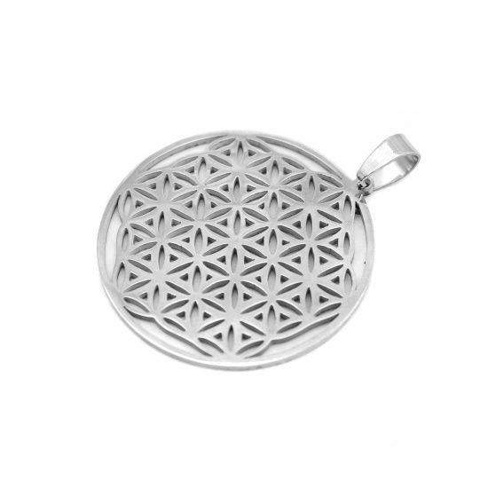 Image de Pendentifs en Acier Inoxydable Rond Argent Mat Fleur de Vie Creux 4.9cm x 3.8cm , 1 Pièce