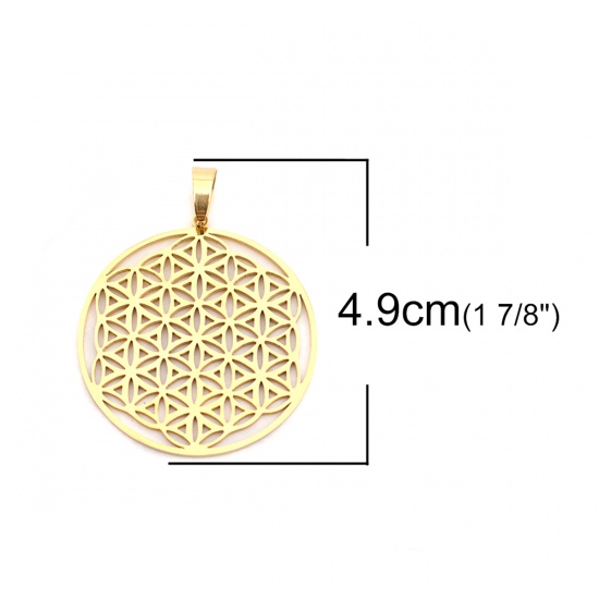 Image de Pendentifs en Acier Inoxydable Rond Doré Fleur de Vie Creux 4.9cm x 3.8cm , 1 Pièce