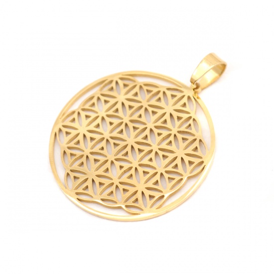 Image de Pendentifs en Acier Inoxydable Rond Doré Fleur de Vie Creux 4.9cm x 3.8cm , 1 Pièce