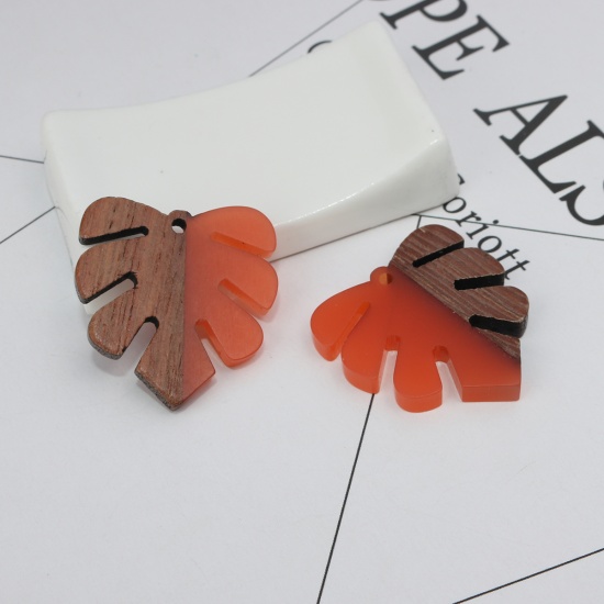 Picture of Resin & Wood Wood Effect Resin Pendants Palm Frond Orange-red 3cm x 2.8cm, 3 PCs