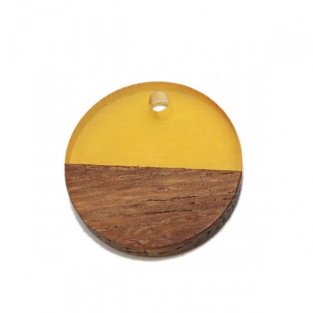 Resin & Natural Wood Effect Resin Charms Round Yellow 18mm Dia, 5 PCs