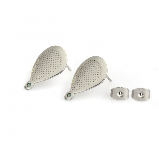 Picture of 304 Stainless Steel Ear Post Stud Earrings Drop Silver Tone W/ Loop 18mm x 12mm, Post/ Wire Size: (21 gauge), 10 PCs