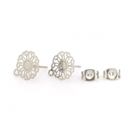 Picture of 304 Stainless Steel Ear Post Stud Earrings Flower Silver Tone W/ Loop 12mm x 11mm, Post/ Wire Size: (21 gauge), 50 PCs