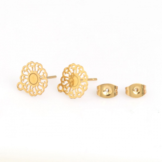Picture of 304 Stainless Steel Ear Post Stud Earrings Flower Gold Plated W/ Loop 12mm x 11mm, Post/ Wire Size: (21 gauge), 50 PCs