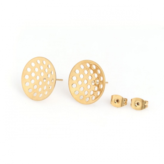 Picture of 304 Stainless Steel Ear Post Stud Earrings Round Gold Plated W/ Loop 16mm Dia., Post/ Wire Size: (21 gauge), 10 PCs