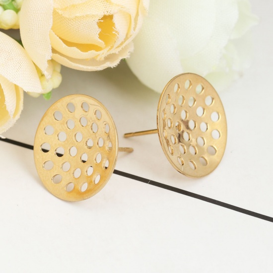 Picture of 304 Stainless Steel Ear Post Stud Earrings Round Gold Plated W/ Loop 16mm Dia., Post/ Wire Size: (21 gauge), 10 PCs