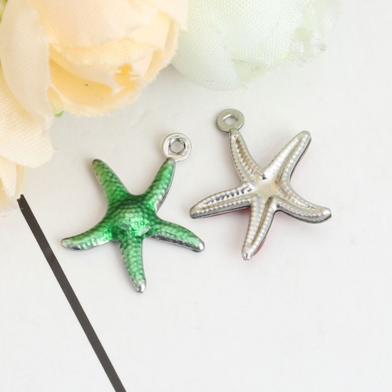 Picture of 304 Stainless Steel Ocean Jewelry Charms Star Fish Silver Tone Green Enamel 18mm x 15mm, 10 PCs