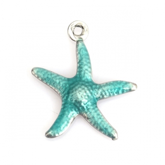 Picture of 304 Stainless Steel Ocean Jewelry Charms Star Fish Silver Tone Blue Enamel 18mm x 15mm, 10 PCs