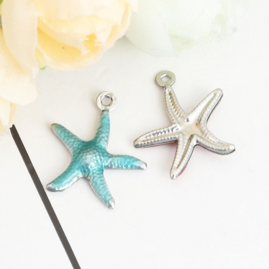 Picture of 304 Stainless Steel Ocean Jewelry Charms Star Fish Silver Tone Blue Enamel 18mm x 15mm, 10 PCs