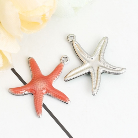Picture of 304 Stainless Steel Ocean Jewelry Charms Star Fish Silver Tone Orange-red Enamel 22mm x 20mm, 10 PCs
