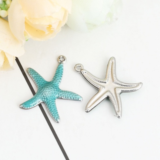 Picture of 304 Stainless Steel Ocean Jewelry Charms Star Fish Silver Tone Blue Enamel 22mm x 20mm, 10 PCs