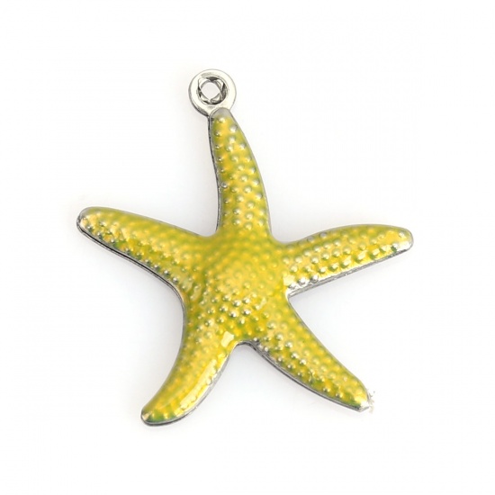 Picture of 304 Stainless Steel Ocean Jewelry Charms Star Fish Silver Tone Yellow Enamel 22mm x 20mm, 10 PCs