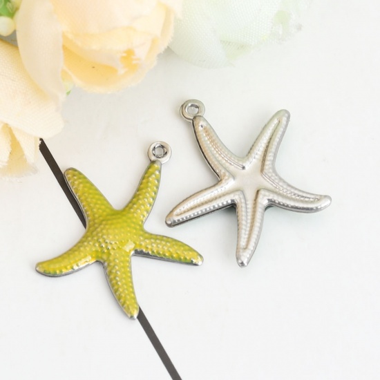 Picture of 304 Stainless Steel Ocean Jewelry Charms Star Fish Silver Tone Yellow Enamel 22mm x 20mm, 10 PCs