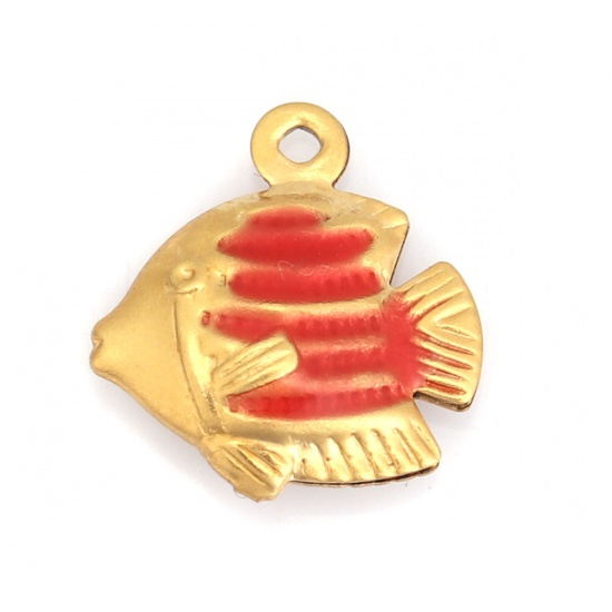 Picture of 304 Stainless Steel Ocean Jewelry Charms Tropical Fish Gold Plated Red Enamel 13mm x 12mm, 10 PCs