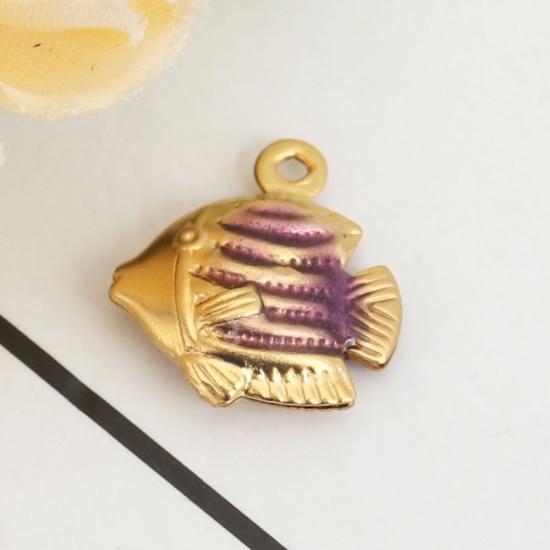 Picture of 304 Stainless Steel Ocean Jewelry Charms Tropical Fish Gold Plated Purple Enamel 13mm x 12mm, 10 PCs