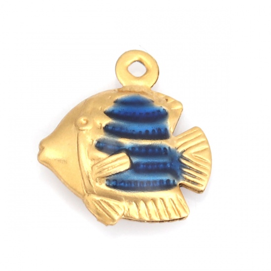 Picture of 304 Stainless Steel Ocean Jewelry Charms Tropical Fish Gold Plated Blue Enamel 13mm x 12mm, 10 PCs