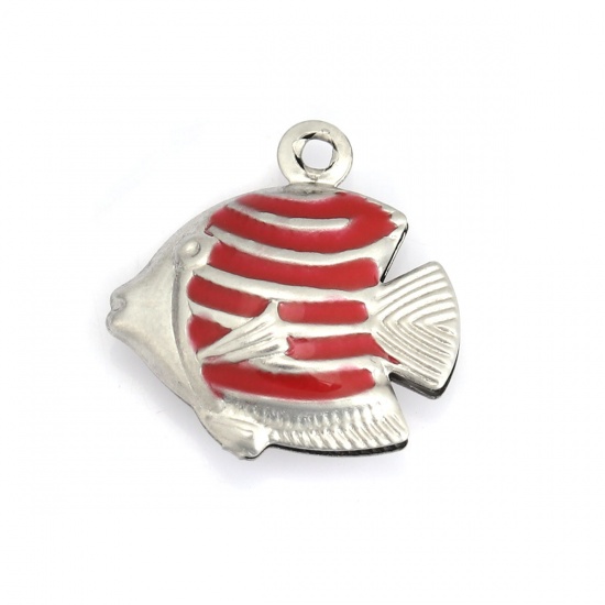 Picture of 304 Stainless Steel Ocean Jewelry Charms Tropical Fish Silver Tone Red Enamel 18mm x 17mm, 10 PCs