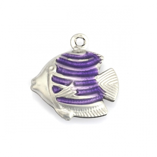 Picture of 304 Stainless Steel Ocean Jewelry Charms Tropical Fish Silver Tone Purple Enamel 18mm x 17mm, 10 PCs