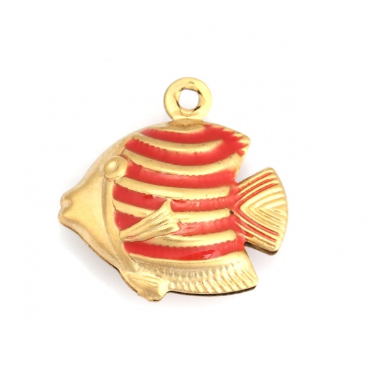 Picture of 304 Stainless Steel Ocean Jewelry Charms Tropical Fish Gold Plated Red Enamel 18mm x 17mm, 10 PCs