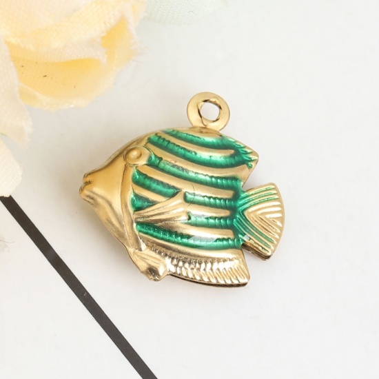 Picture of 304 Stainless Steel Ocean Jewelry Charms Tropical Fish Gold Plated Green Enamel 18mm x 17mm, 10 PCs