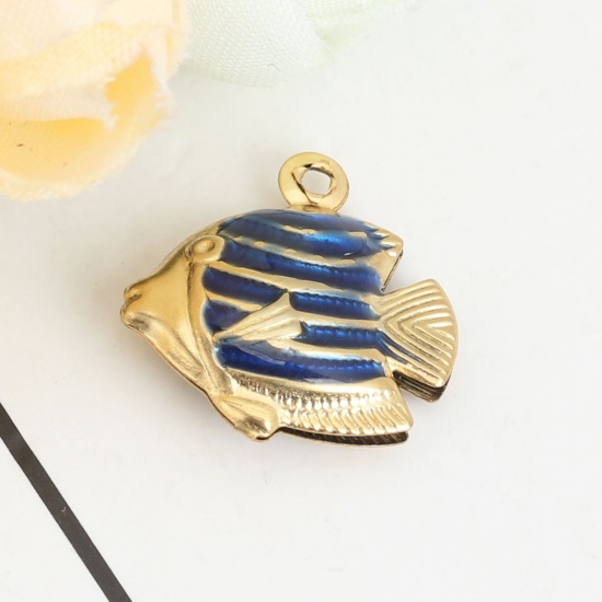 Picture of 304 Stainless Steel Ocean Jewelry Charms Tropical Fish Gold Plated Blue Enamel 18mm x 17mm, 10 PCs