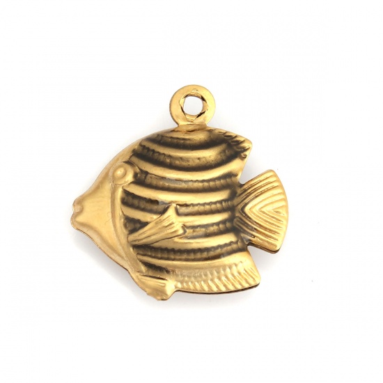 Picture of 304 Stainless Steel Ocean Jewelry Charms Tropical Fish Gold Plated Dark Coffee Enamel 18mm x 17mm, 10 PCs