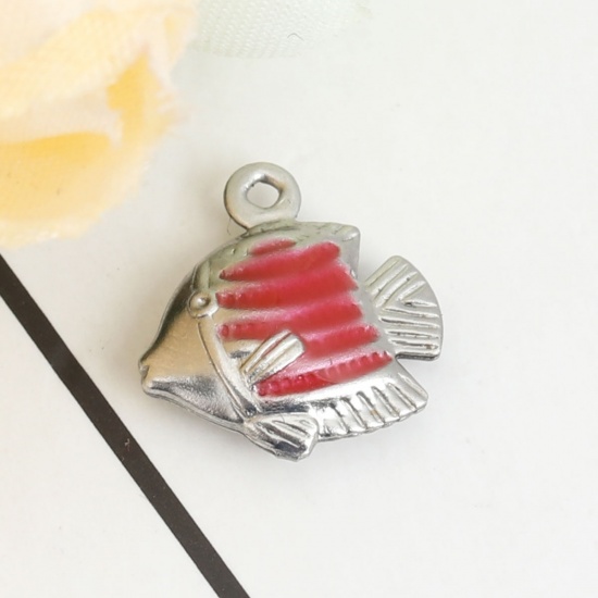 Picture of 304 Stainless Steel Ocean Jewelry Charms Tropical Fish Silver Tone Red Enamel 13mm x 12mm, 10 PCs