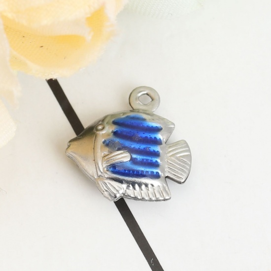 Picture of 304 Stainless Steel Ocean Jewelry Charms Tropical Fish Silver Tone Blue Enamel 13mm x 12mm, 10 PCs