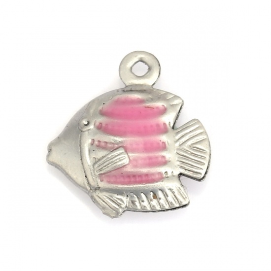 Picture of 304 Stainless Steel Ocean Jewelry Charms Tropical Fish Silver Tone Pink Enamel 13mm x 12mm, 10 PCs