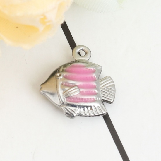 Picture of 304 Stainless Steel Ocean Jewelry Charms Tropical Fish Silver Tone Pink Enamel 13mm x 12mm, 10 PCs
