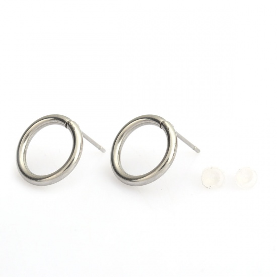 Picture of 304 Stainless Steel Ear Post Stud Earrings Circle Ring Silver Tone 14mm Dia., Post/ Wire Size: (21 gauge), 10 PCs