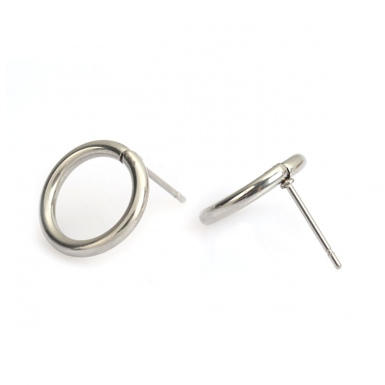 Picture of 304 Stainless Steel Ear Post Stud Earrings Circle Ring Silver Tone 14mm Dia., Post/ Wire Size: (21 gauge), 50 PCs