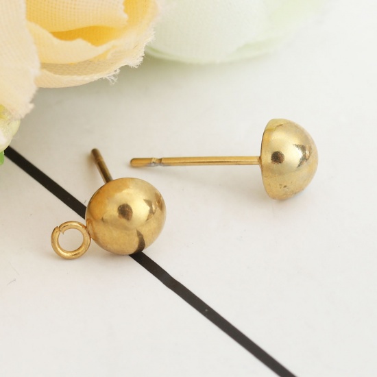 Picture of 304 Stainless Steel Ear Post Stud Earrings Round Gold Plated W/ Loop 9mm x 6mm, Post/ Wire Size: (21 gauge), 10 PCs