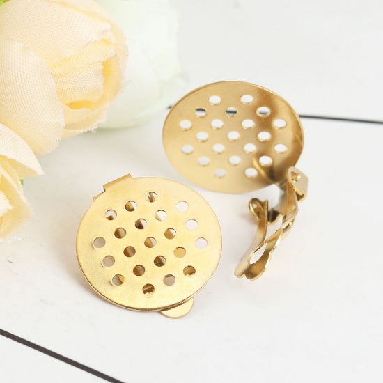 Picture of 304 Stainless Steel Ear Clips Earrings Round Gold Plated Hollow 20mm x 18mm, 10 PCs