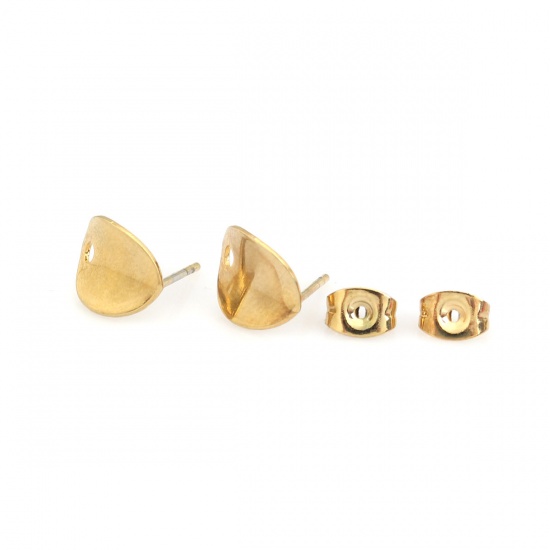 Picture of 304 Stainless Steel Ear Post Stud Earrings Oval Gold Plated W/ Loop 11mm x 9mm, Post/ Wire Size: (20 gauge), 100 PCs