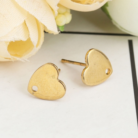 Picture of 304 Stainless Steel Ear Post Stud Earrings Heart Gold Plated W/ Loop 8mm x 8mm, Post/ Wire Size: (20 gauge), 50 PCs