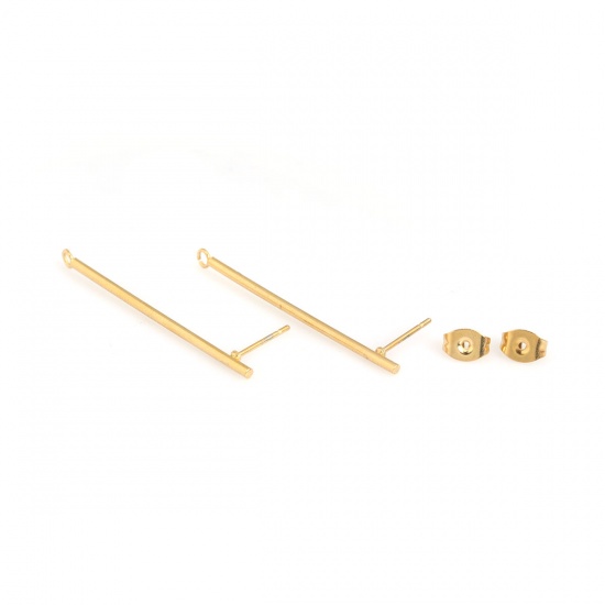 Picture of 304 Stainless Steel Ear Post Stud Earrings Strip Gold Plated W/ Loop 4.3cm x 0.3cm, Post/ Wire Size: (20 gauge), 100 PCs