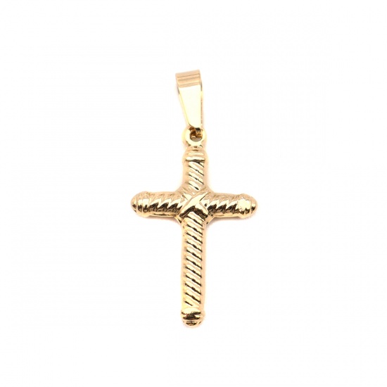 Picture of Stainless Steel Pendants Cross Gold Plated Stripe 4cm x 2cm, 1 Piece