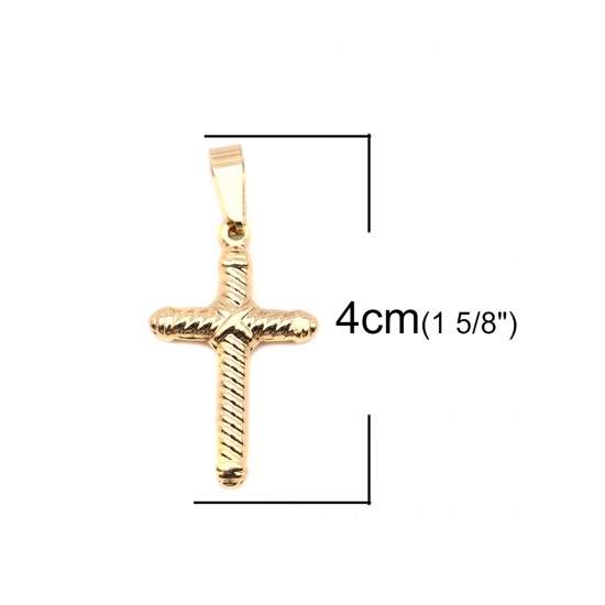 Immagine di Acciaio Inossidabile Ciondoli Croce Oro Placcato Striscia 4cm x 2cm, 1 Pz