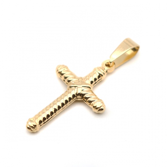 Immagine di Acciaio Inossidabile Ciondoli Croce Oro Placcato Striscia 4cm x 2cm, 1 Pz