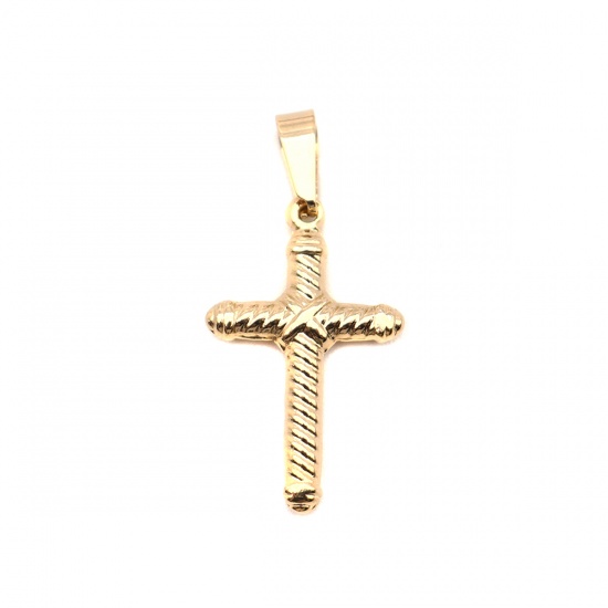 Picture of Stainless Steel Pendants Cross Gold Plated Stripe 3.3cm x 1.5cm, 1 Piece