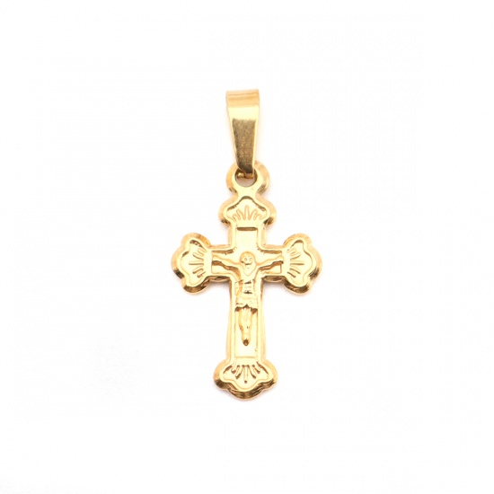 Picture of Stainless Steel Pendants Cross Gold Plated Jesus 3cm x 1.4cm, 1 Piece