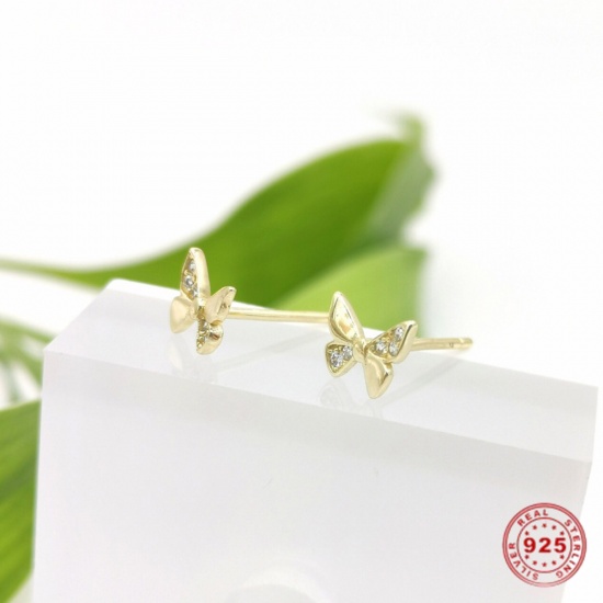 Picture of Sterling Silver Ear Post Stud Earrings 18K Gold Color Butterfly Animal Clear Rhinestone 6mm x 6mm, Post/ Wire Size: (21 gauge), 1 Pair