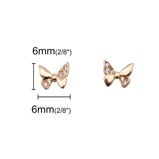 Image de Boucles d'Oreilles Puces en Argent Pur Couleur Or 18K Papillon à Strass Transparent 6mm x 6mm, Epaisseur de Fil: (21 gauge), 1 Paire