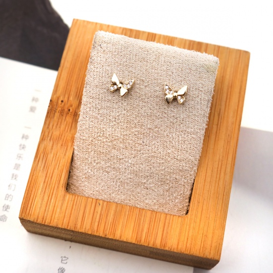 Picture of Sterling Silver Ear Post Stud Earrings 18K Gold Color Butterfly Animal Clear Rhinestone 6mm x 6mm, Post/ Wire Size: (21 gauge), 1 Pair