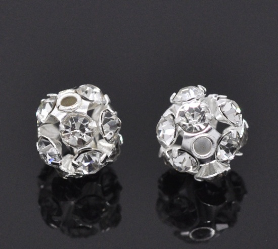 Picture of Brass Spacer Beads Ball Silver Plated Clear Rhinestone About 6mm - 7mm Dia, Hole:Approx 1.4mm, 10 PCs                                                                                                                                                         