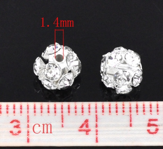 Picture of Brass Spacer Beads Ball Silver Plated Clear Rhinestone About 6mm - 7mm Dia, Hole:Approx 1.4mm, 10 PCs                                                                                                                                                         